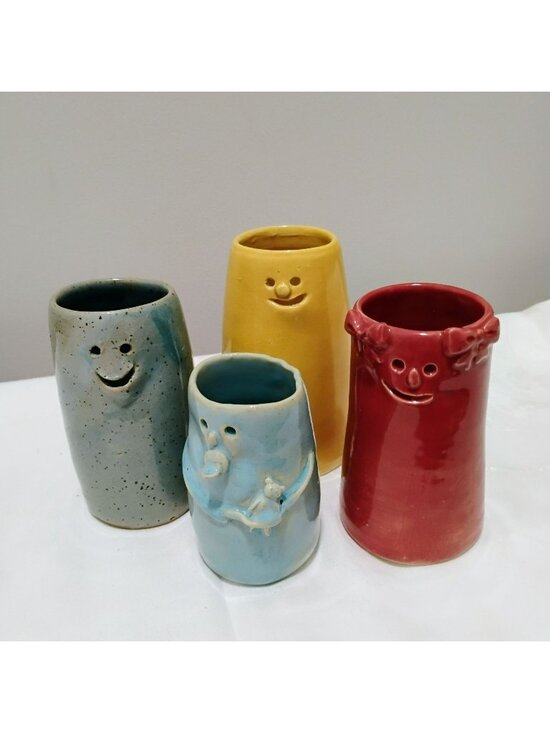 Hand Crafted Other - Set of 4 Vintage Studio Art Pottery Character Face Vases, Signed Whimsical Decor